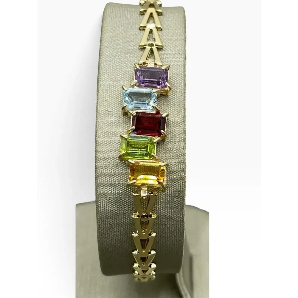 14K Yellow Gold Multi-Colored Emerald Cut Stone Bracelet (26671)